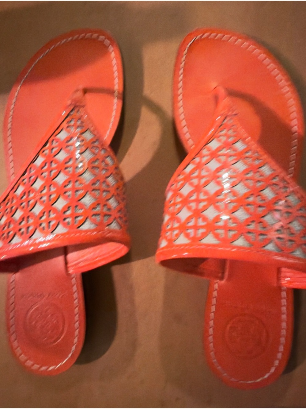 Tory Burch Coral Orange Laser-Cut Slide Sandals